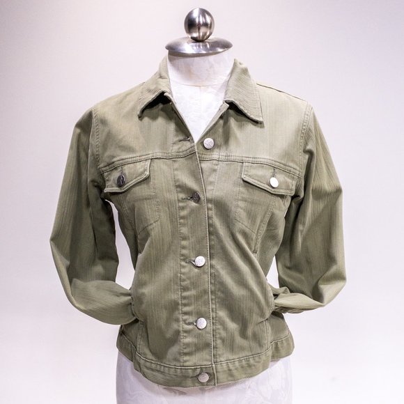 Vintage 90s Y2K Anthropologie S Cotton Jean Jacket Light Green Tan Grey - Picture 1 of 14